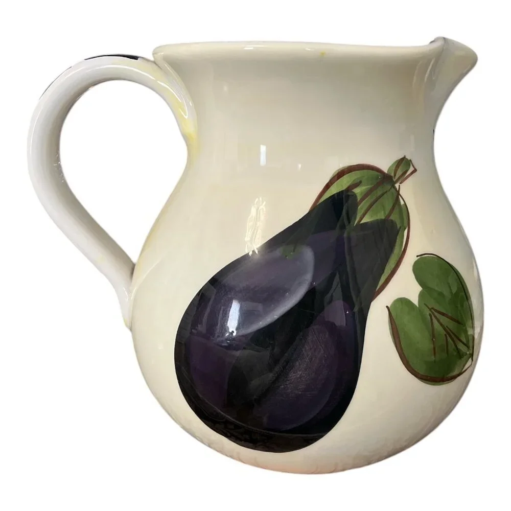 Hand-Painted Antica Fornace Italy Ceramic Pitcher With Eggplant & Leaf Design